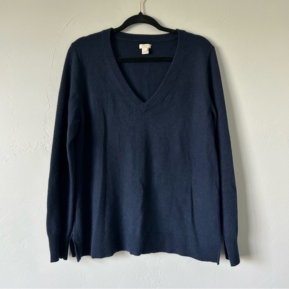 J. Crew Factory 100% Cashmere V-Neck Sweater Navy Blue Large Preppy Minimal